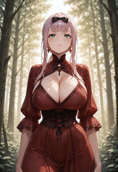 CHIKA'S LOW-CUT RED DRESS: MEDIEVAL FOREST VIEW (AI Generated) - Hentai Gallery