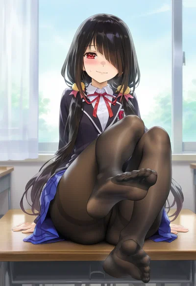 (Сукралоза) Кисаки Кёзо в школьной форме — чёрные колготки, подарок для любителей ног - Хентай галерея
