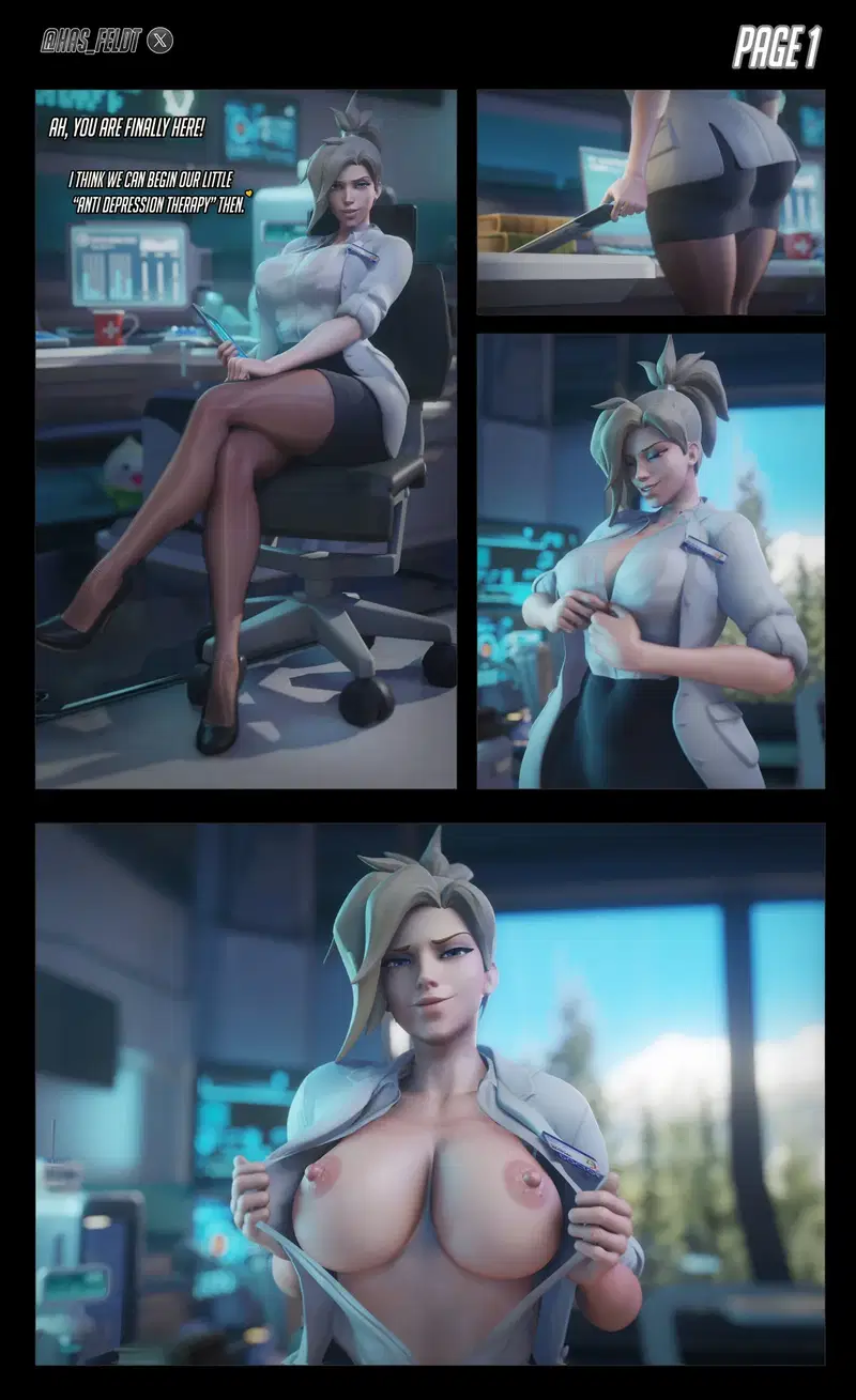 Mercy's therapy session - 3d big ass big breasts lab coat pantyhose first person persp... - Hentai Gallery - Image 1