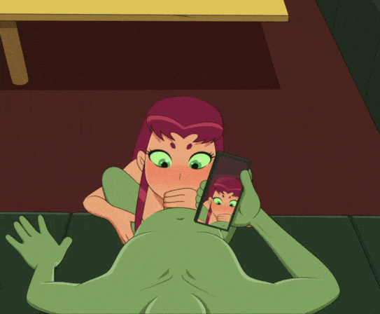 Beastboy recording Starfire work his cock with her mouth - Hentai GIF