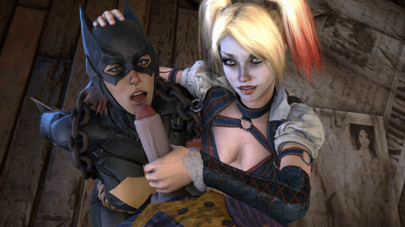 Harley Quinn acariciando al Joker para la ansiosa boca de Batgirl. - GIF Hentai