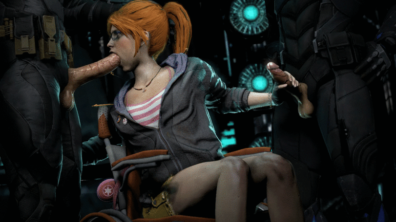 Oracle chupándole la polla a Batman y haciéndole una paja a Nightwing. - GIF Hentai
