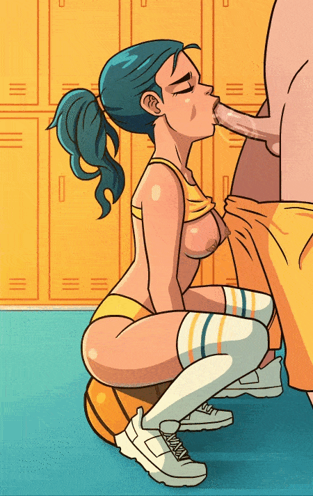 Một thiếu niên thực hiện hành động "deep throating" với dương vật của huấn luyện viên sau buổi tập. - GIF Hentai