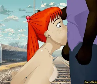 Pequena ruiva adolescente engolindo um longo pau preto - GIF Hentai
