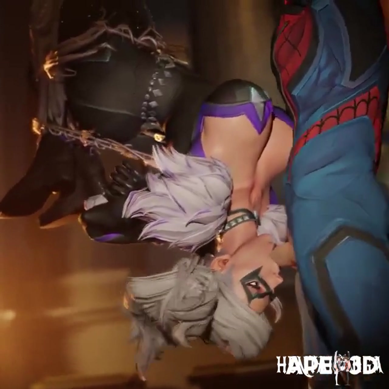Black Cat upside down blowing Spidey
